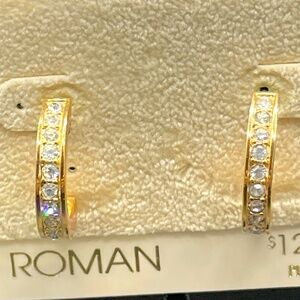 Vintage Roman Gold Tone Rhinestone Half Hoop Pierced Earrings
